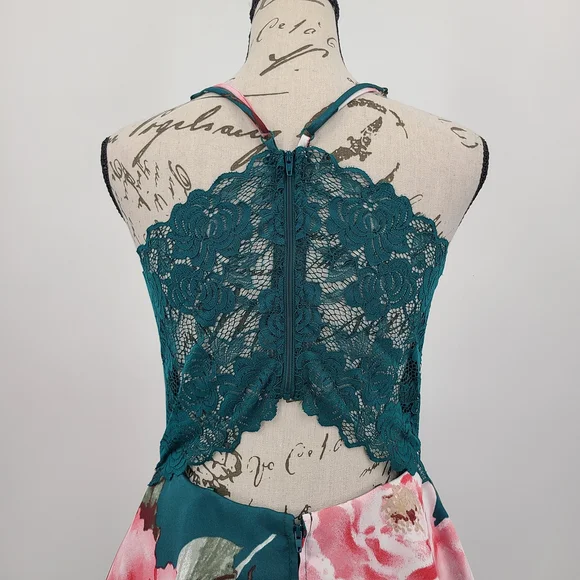David's Bridal City Triangles Teal and Pink Lace Back Floral Mini Dress - Picture 7 of 14